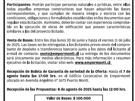 LICITACION PUBLICA PARA LA CONSTRUCCION DE: EJECUCION PROYECTO CONSTRUCCION DE INSTALACIONES NUEVA ZONA PRIMARIA. ZONA DE ACTIVIDADES OBLIGATORIAS EMPORMONTT, PUERTO MONTT